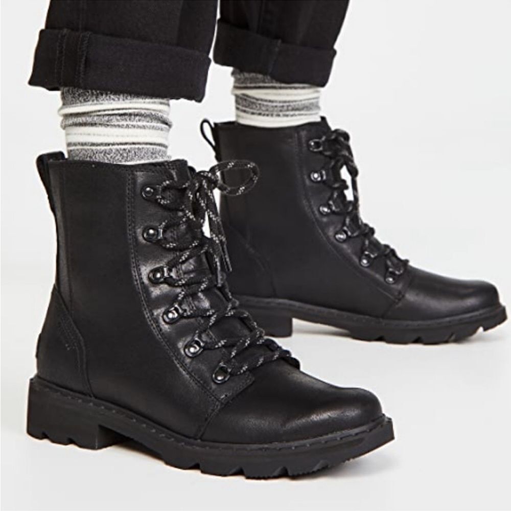 New SOREL Waterproof Leather Lug Sole Hiking Boot Lace Up Lennox‎ Black Size 6